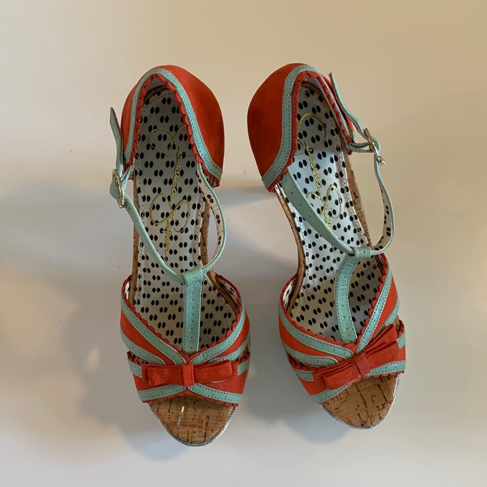 Jessica Simpson Coral and Mint T-Strap Peep-Toe Heels